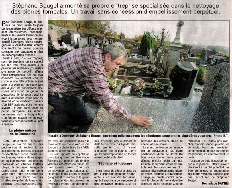 Article Vosges Matin - Nettoyage de monuments funéraires vosgiens.